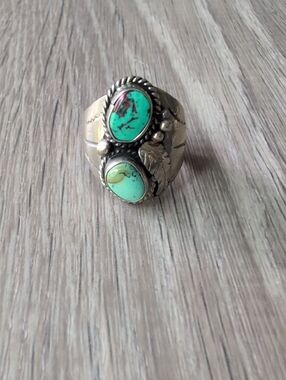Vintage Sterling Silver Turquoise Double Stone Statement Ring - Turquoise